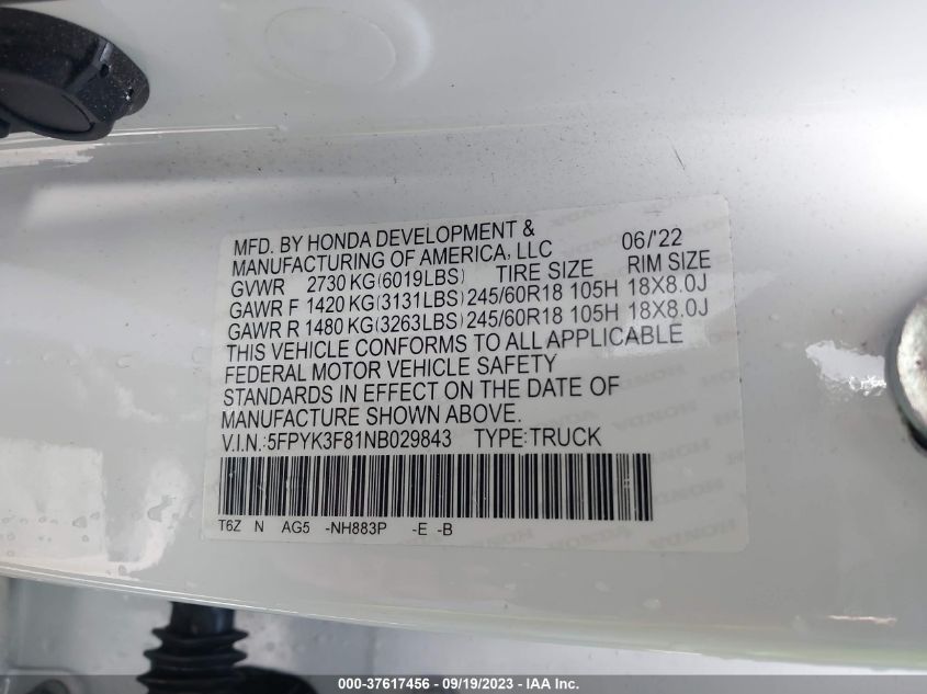 2022 HONDA RIDGELINE BLACK EDITION - 5FPYK3F81NB029843