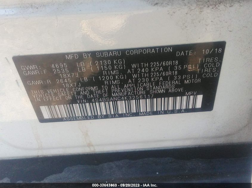 2019 SUBARU OUTBACK - 4S4BSANC4K3256117