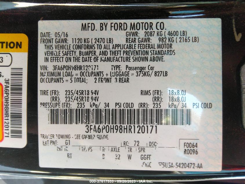 2017 FORD FUSION SE - 3FA6P0H98HR120171