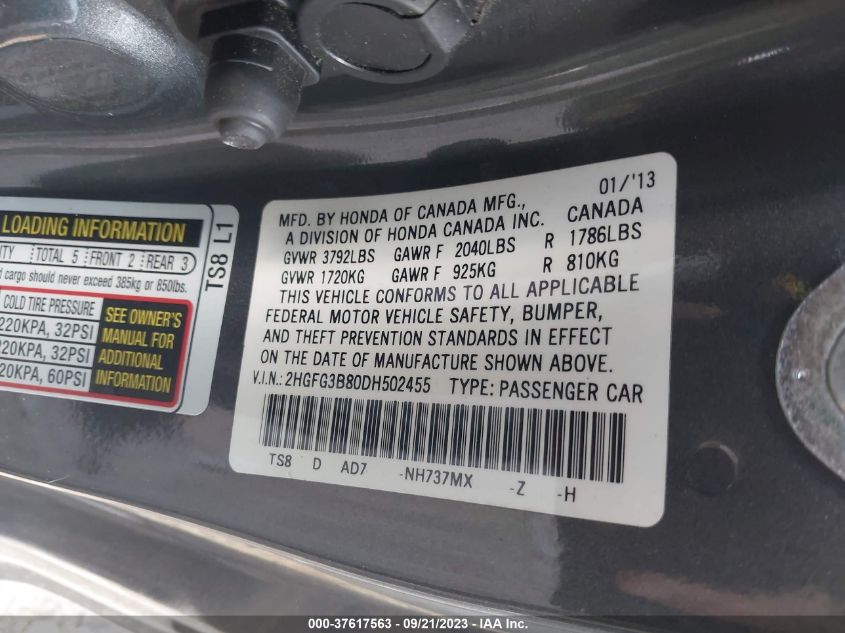 2013 HONDA CIVIC CPE EX - 2HGFG3B80DH502455