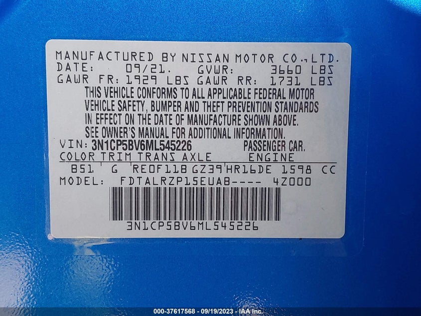 VIN 3N1CP5BV6ML545226 2021 NISSAN KICKS S