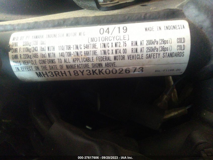 2019 YAMAHA YZFR3 A MH3RH18Y3KK002673