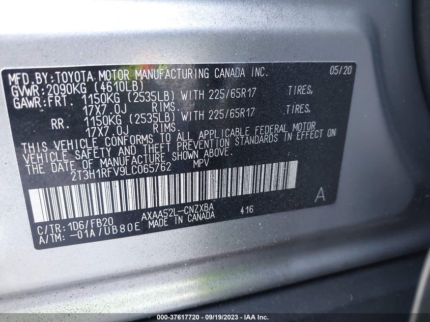 VIN 2T3H1RFV9LC065762 2020 TOYOTA RAV4 LE