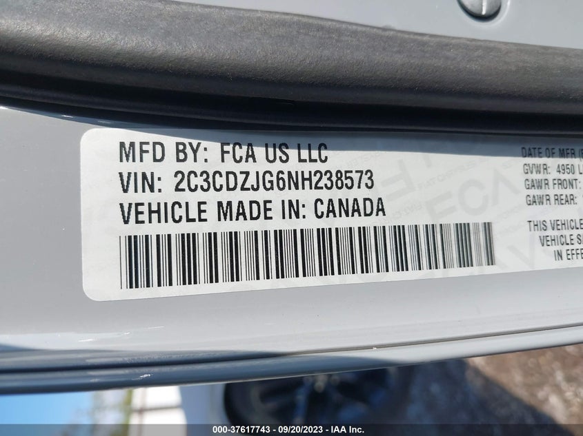VIN 2C3CDZJG6NH238573 2022 DODGE CHALLENGER GT