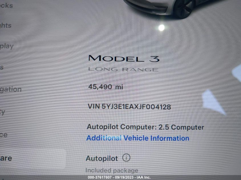 2018 TESLA MODEL 3 RANGE BATTERY - 5YJ3E1EAXJF004128