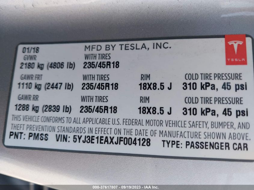 2018 TESLA MODEL 3 RANGE BATTERY - 5YJ3E1EAXJF004128