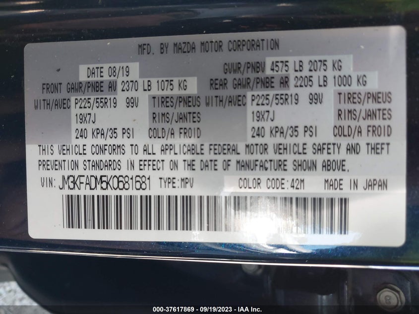 VIN JM3KFADM5K0681681 2019 MAZDA CX-5 GRAND TOURING