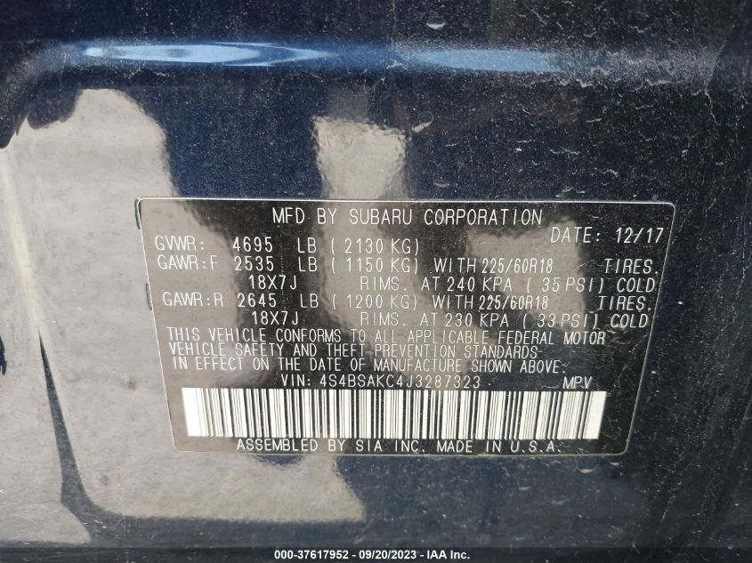 2018 SUBARU OUTBACK LIMITED - 4S4BSAKC4J3287323