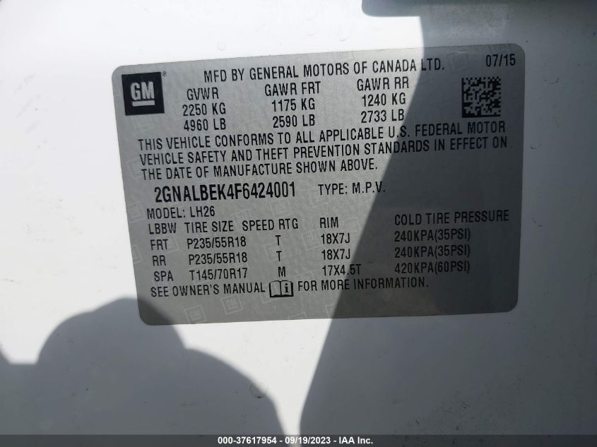 2015 CHEVROLET EQUINOX LT - 2GNALBEK4F6424001