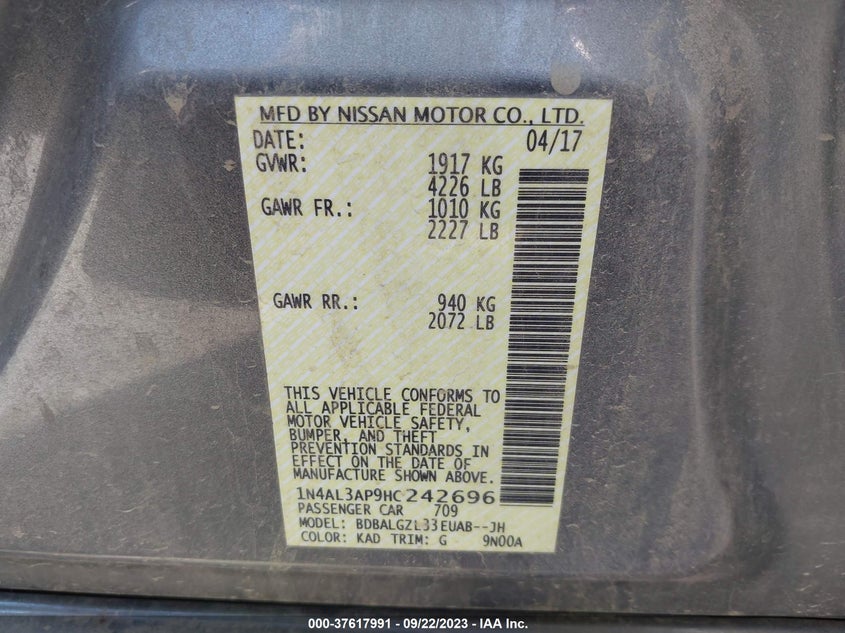 VIN 1N4AL3AP9HC242696 2017 NISSAN ALTIMA 2.5 S