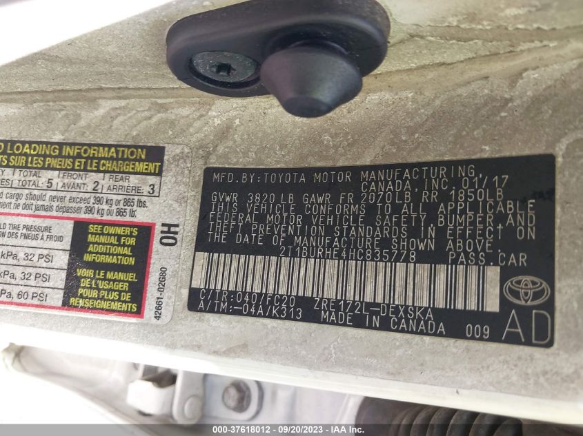 2017 TOYOTA COROLLA L/LE/XLE/SE/XSE - 2T1BURHE4HC835778