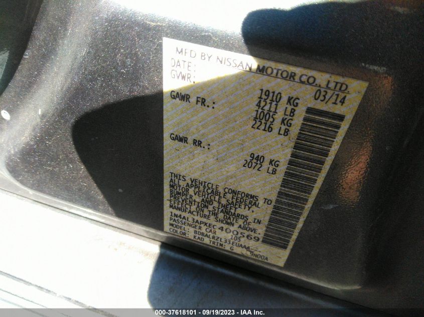 2014 NISSAN ALTIMA 2.5 S - 1N4AL3APXEC400569