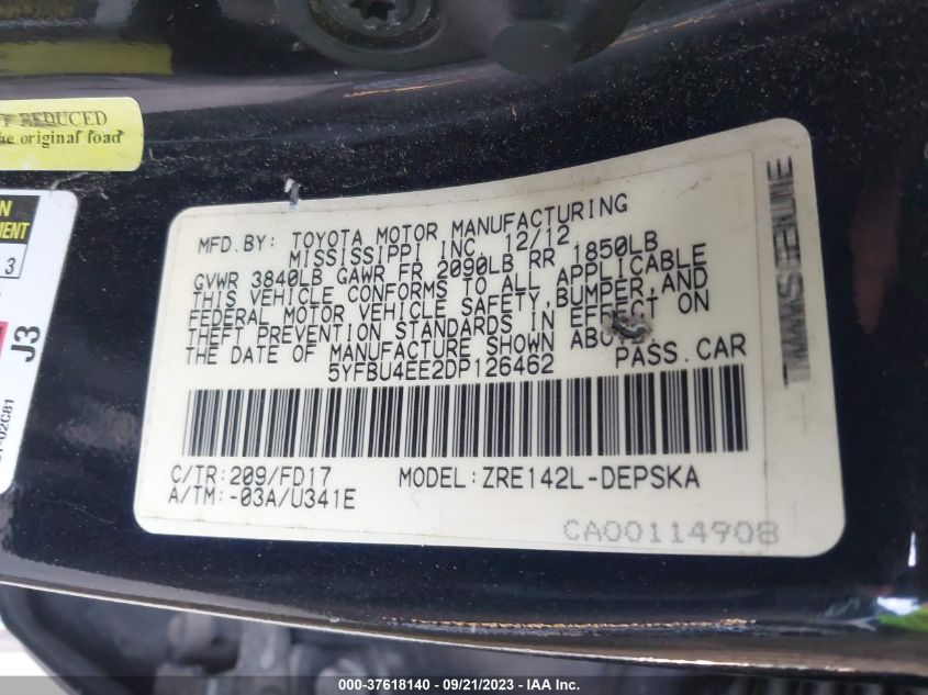 2013 TOYOTA COROLLA S/LE - 5YFBU4EE2DP126462
