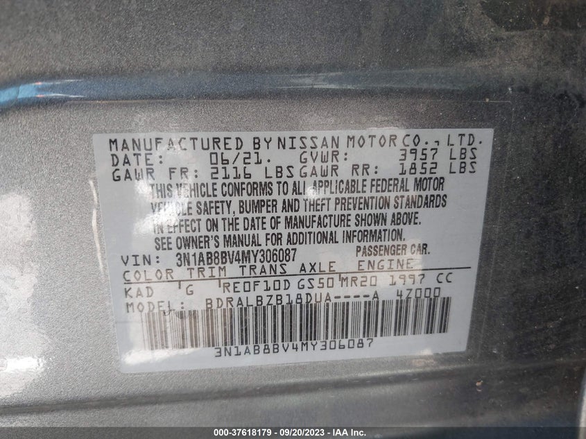 VIN 3N1AB8BV4MY306087 2021 NISSAN SENTRA S