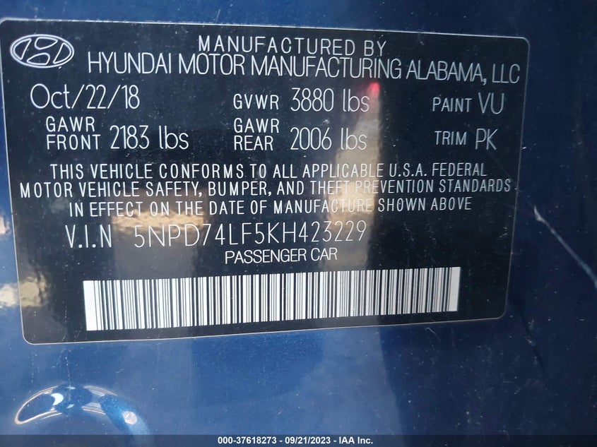 VIN 5NPD74LF5KH423229 2019 HYUNDAI ELANTRA SE