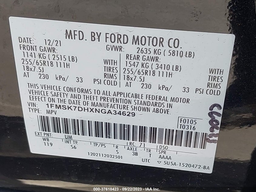VIN 1FMSK7DHXNGA34629 2022 FORD EXPLORER XLT