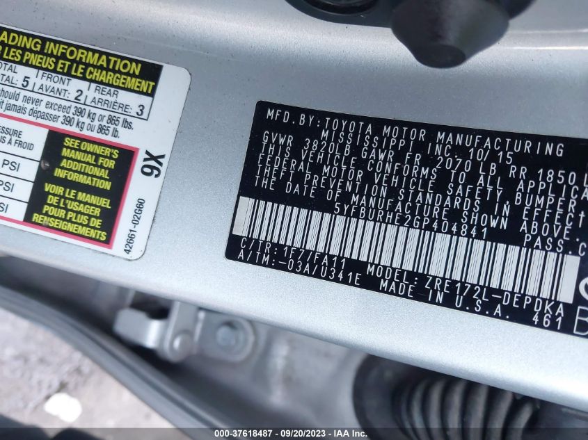 2016 TOYOTA COROLLA L/LE/S/S PLUS/LE PLUS - 5YFBURHE2GP404841