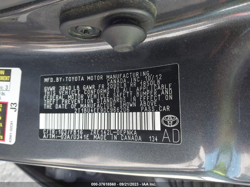 2013 TOYOTA COROLLA L/LE/S - 2T1BU4EE9DC966206