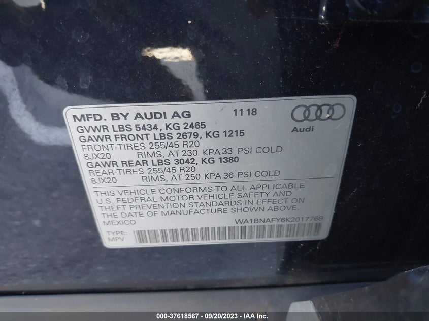 VIN WA1BNAFY6K2017769 2019 AUDI Q5 45 PREMIUM