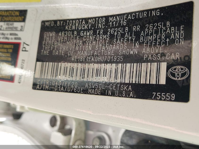 2017 TOYOTA CAMRY XLE/SE/LE/XSE - 4T1BF1FK0HU701935