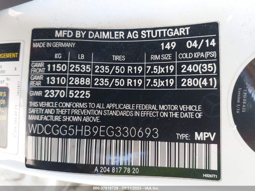 2014 MERCEDES-BENZ GLK 350 WDCGG5HB9EG330693