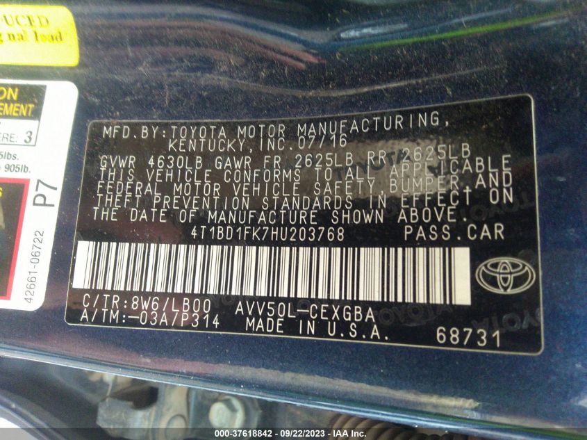 2017 TOYOTA CAMRY HYBRID - 4T1BD1FK7HU203768