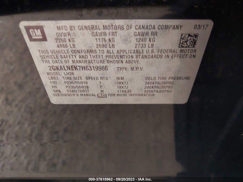 VIN 2GKALNEK7H6319986 2017 GMC TERRAIN SLE