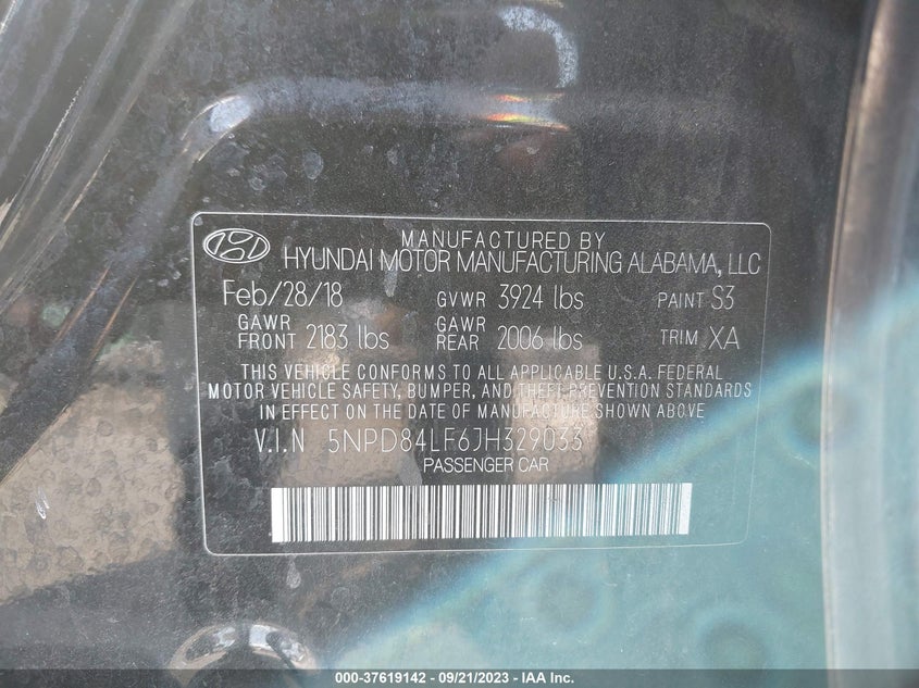 VIN 5NPD84LF6JH329033 2018 HYUNDAI ELANTRA SEL/VALUE/LIMITED