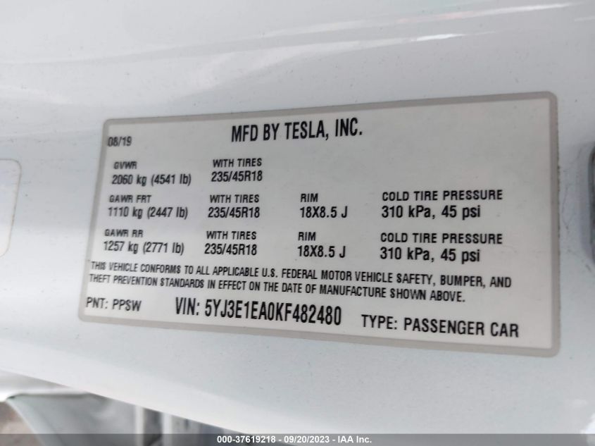 2019 TESLA MODEL 3 RANGE - 5YJ3E1EA0KF482480