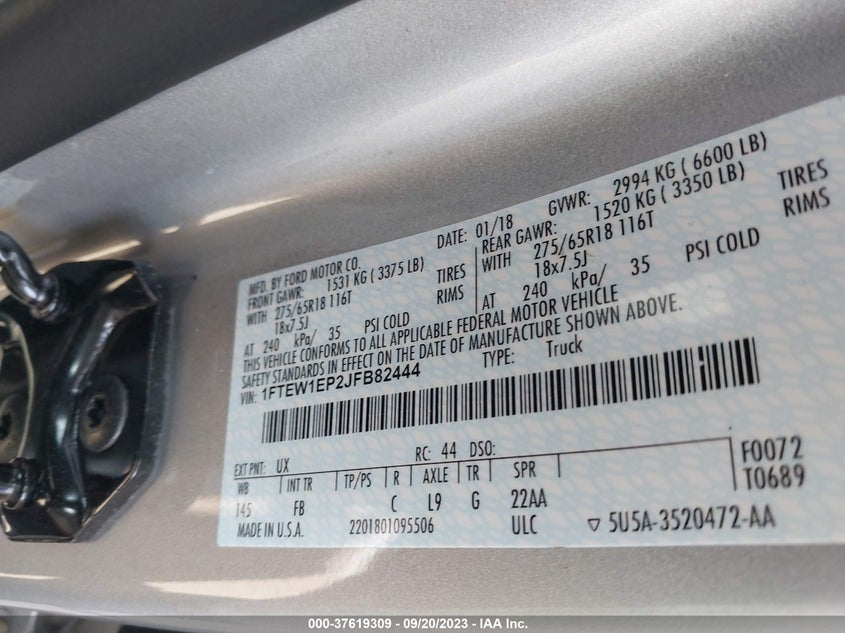 VIN 1FTEW1EP2JFB82444 2018 FORD F-150 XL/XLT/LARIAT