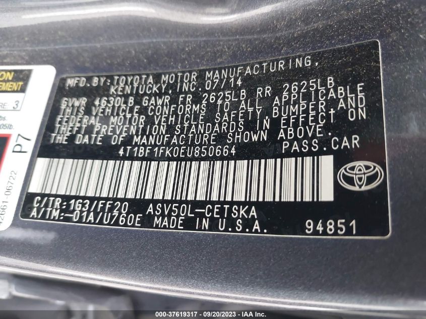 2014 TOYOTA CAMRY L/LE/XLE/SE/SE SPORT - 4T1BF1FK0EU850664
