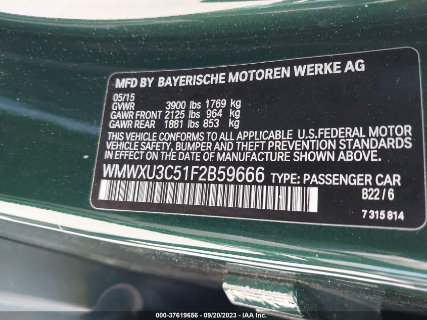2015 MINI HARDTOP COOPER S WMWXU3C51F2B59666