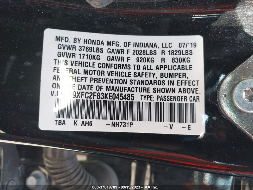 19XFC2F83KE045485 Honda Civic Sedan SPORT 9