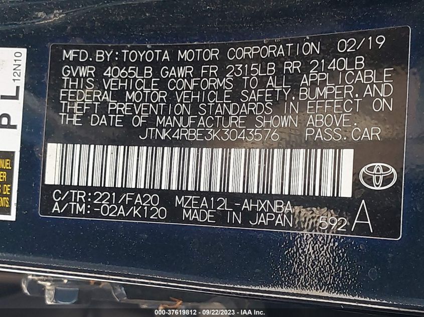 2019 TOYOTA COROLLA  SE - JTNK4RBE3K3043576