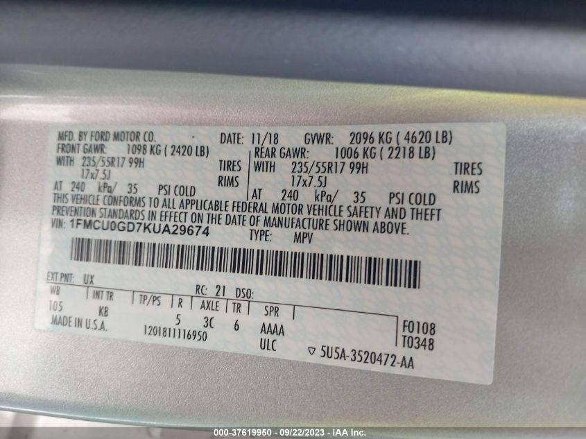 2019 FORD ESCAPE SE - 1FMCU0GD7KUA29674