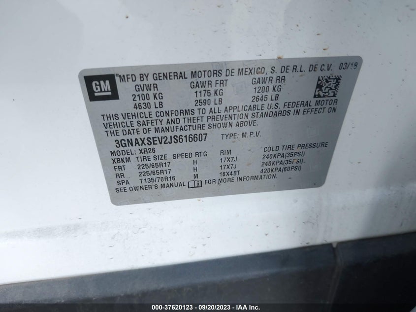 VIN 3GNAXSEV2JS616607 2018 CHEVROLET EQUINOX LT