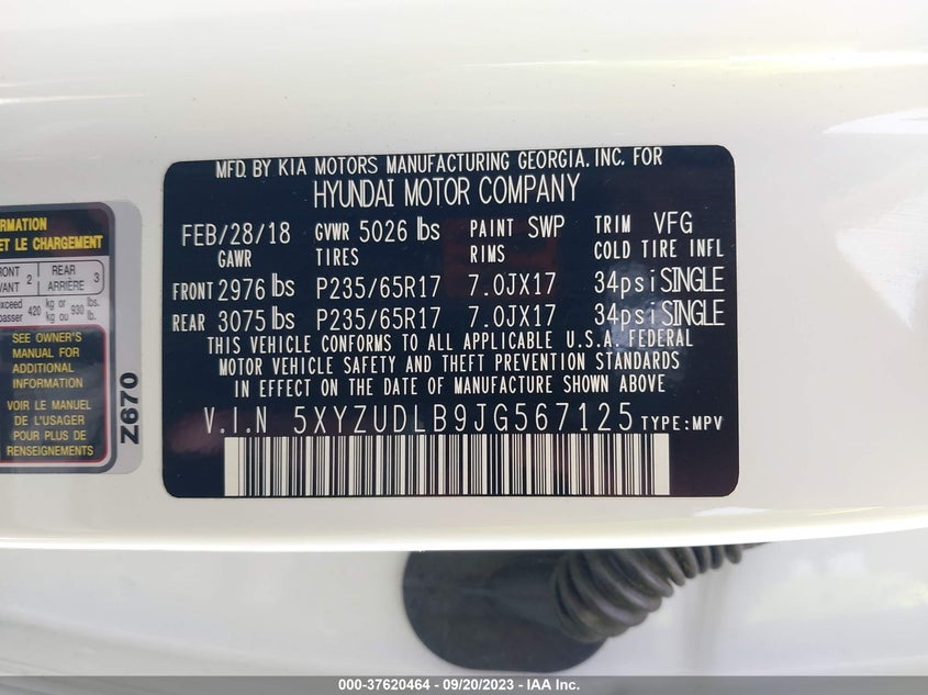 VIN 5XYZUDLB9JG567125 2018 HYUNDAI SANTA FE SPORT 2.4L