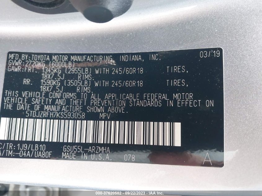 2019 TOYOTA HIGHLANDER SE/XLE - 5TDJZRFH7KS593058