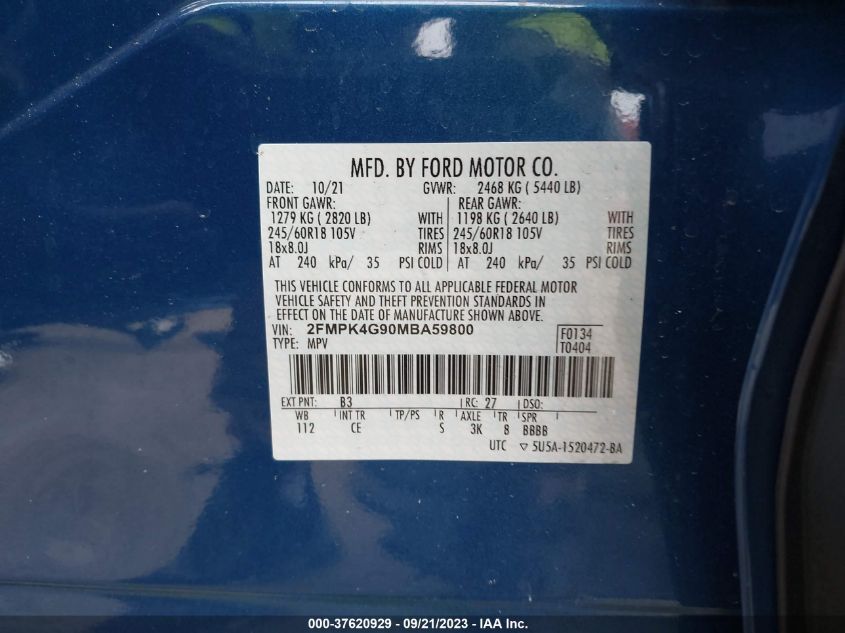 2FMPK4G90MBA59800 2021 FORD EDGE, photo no. 9