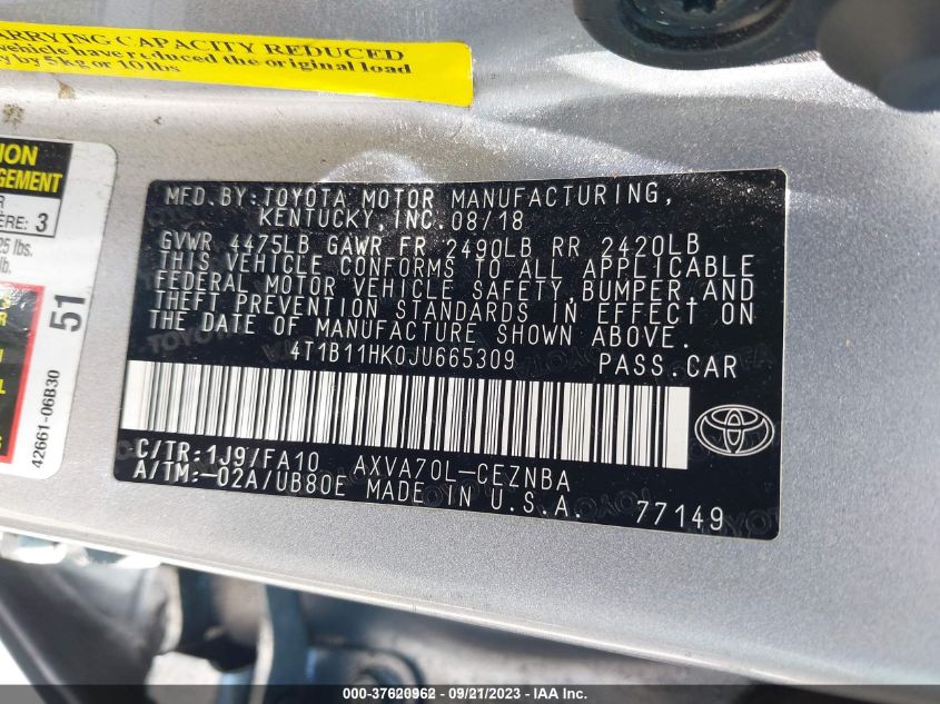 2018 TOYOTA CAMRY LE/SE/XLE/L - 4T1B11HK0JU665309