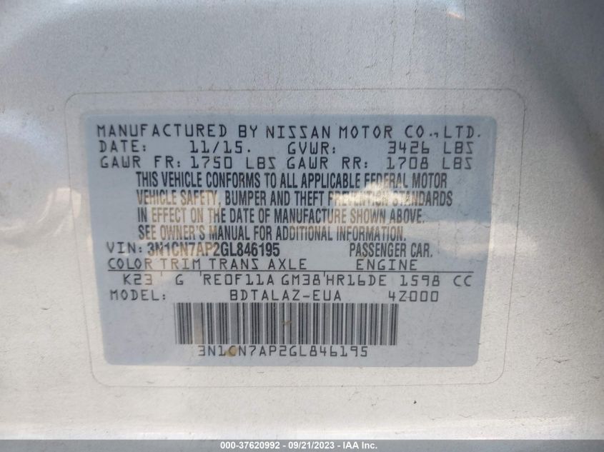 2016 NISSAN VERSA S PLUS - 3N1CN7AP2GL846195