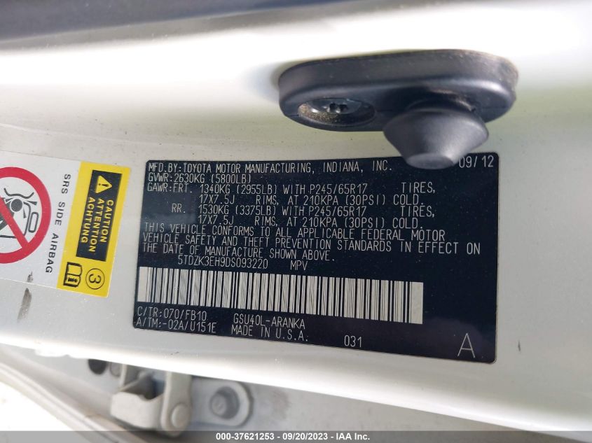 2013 TOYOTA HIGHLANDER PLUS/SE - 5TDZK3EH9DS093220