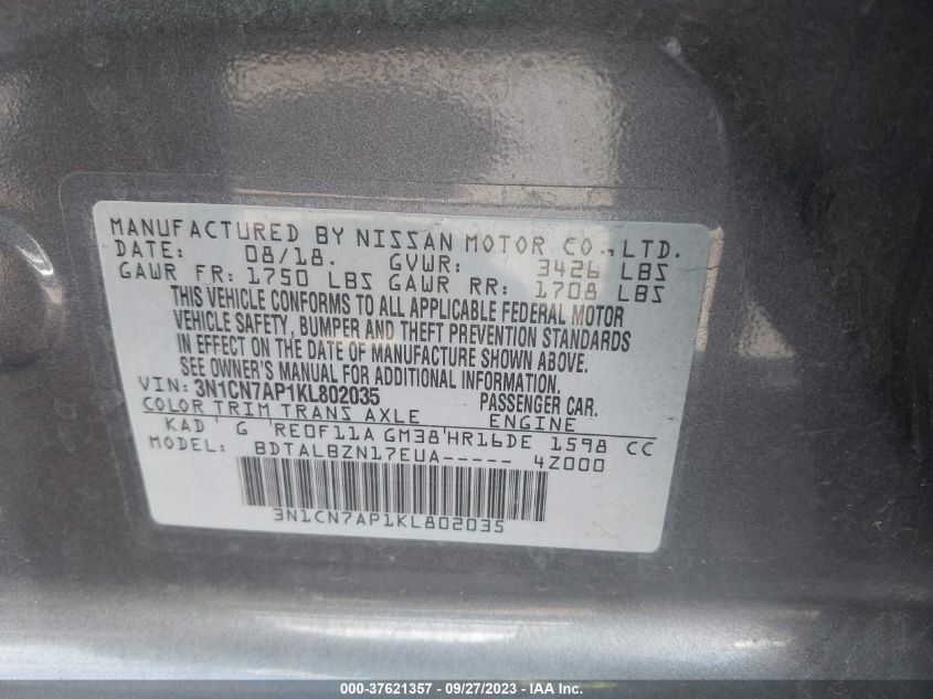 2019 NISSAN VERSA SEDAN SV 3N1CN7AP1KL802035