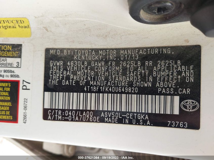 2013 TOYOTA CAMRY XLE - 4T1BF1FK4DU649820