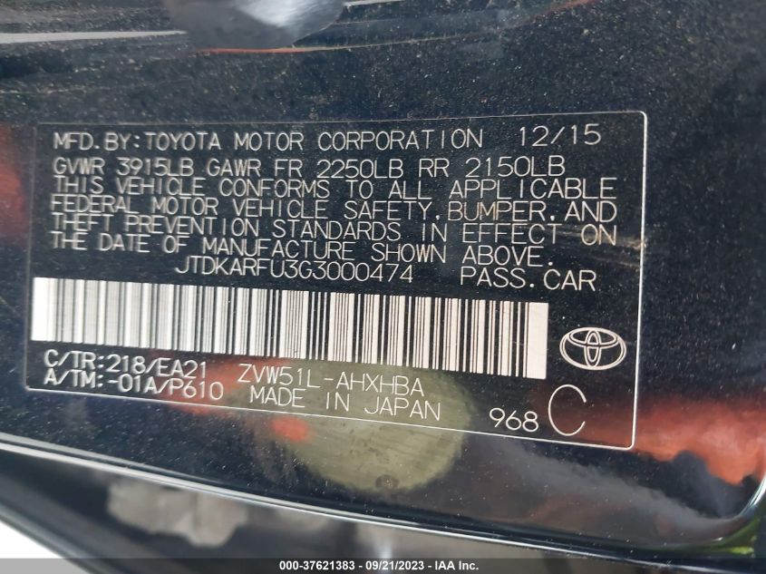 2016 TOYOTA PRIUS FOUR - JTDKARFU3G3000474