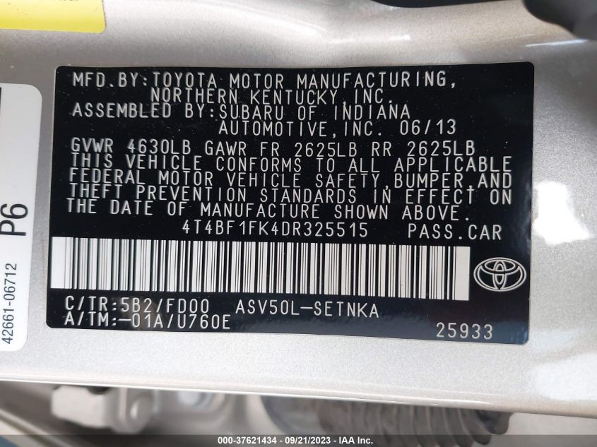 2013 TOYOTA CAMRY L/LE/SE/XLE - 4T4BF1FK4DR325515