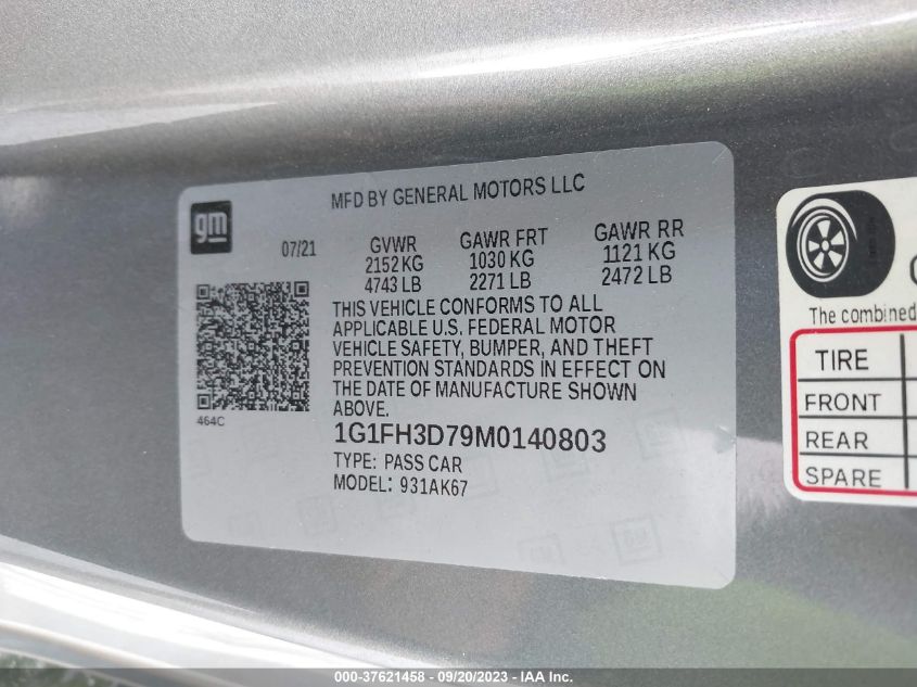 2021 CHEVROLET CAMARO SS - 1G1FH3D79M0140803
