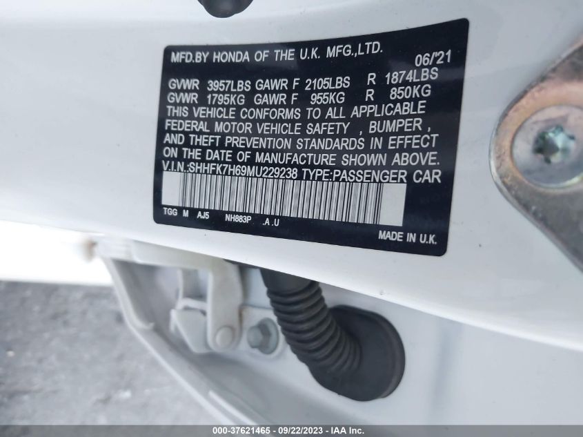 2021 HONDA CIVIC HATCHBACK EX SHHFK7H69MU229238