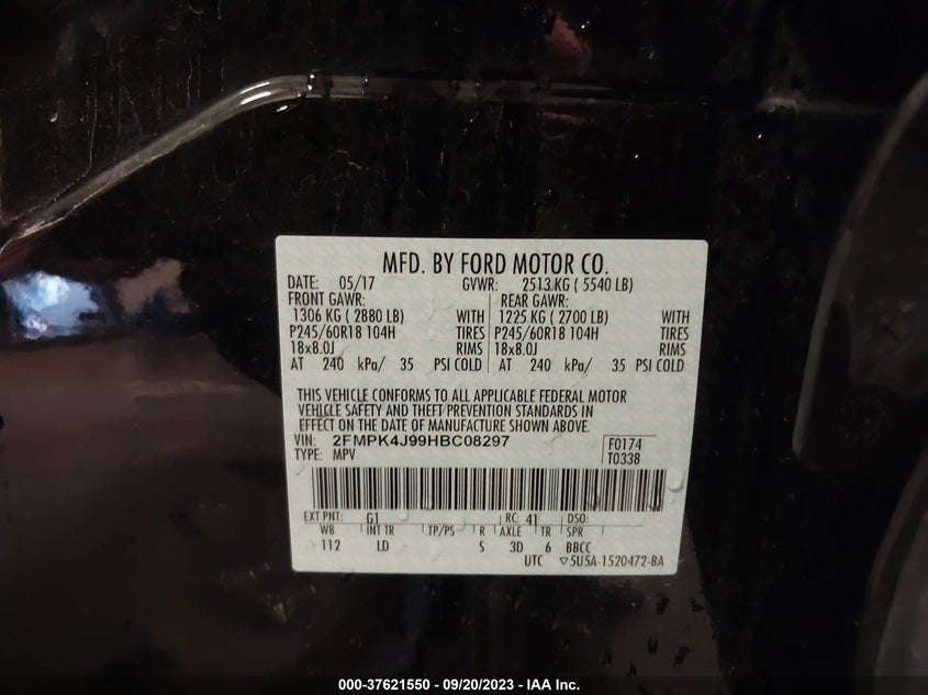 VIN 2FMPK4J99HBC08297 2017 FORD EDGE SEL