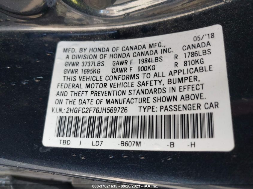 2018 HONDA CIVIC EX - 2HGFC2F76JH569726
